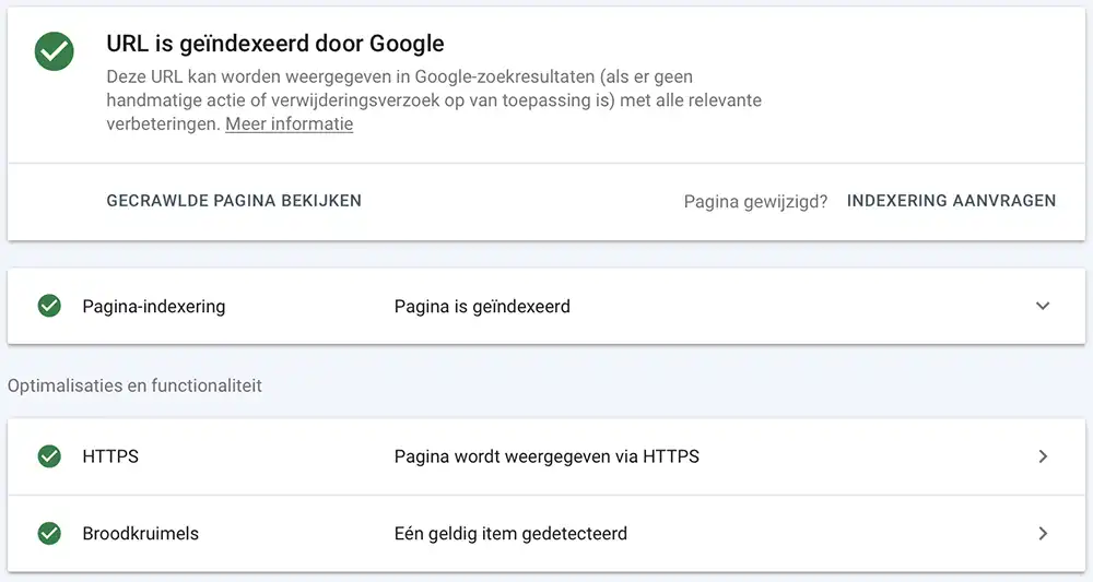 Google Search Console url inspectie pagina geindexeerd